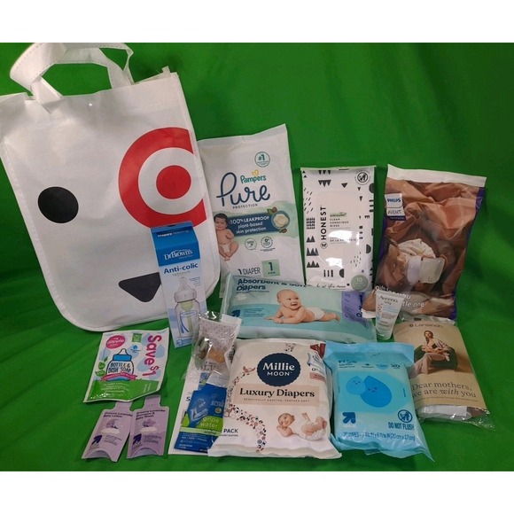 Target Bullseye Reusable Tote Bag With Baby Registry Samples - 14 Items Total - Picture 1 of 6